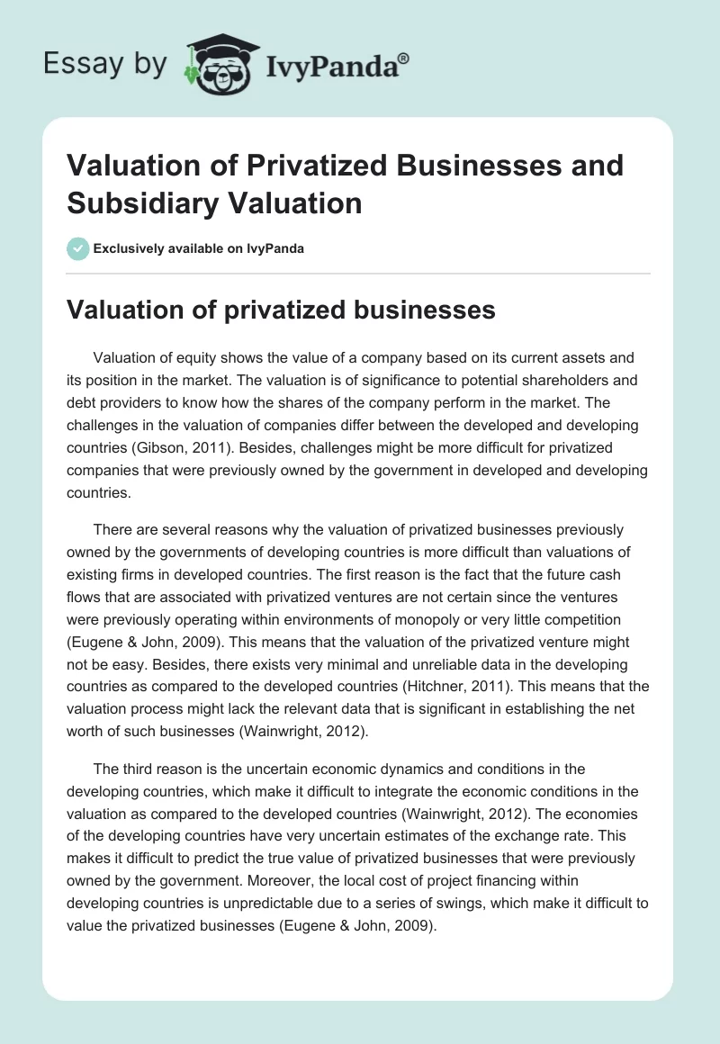 Valuation of Privatized Businesses and Subsidiary Valuation. Page 1