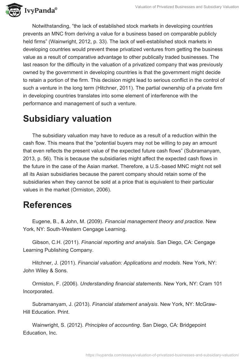 Valuation of Privatized Businesses and Subsidiary Valuation. Page 2