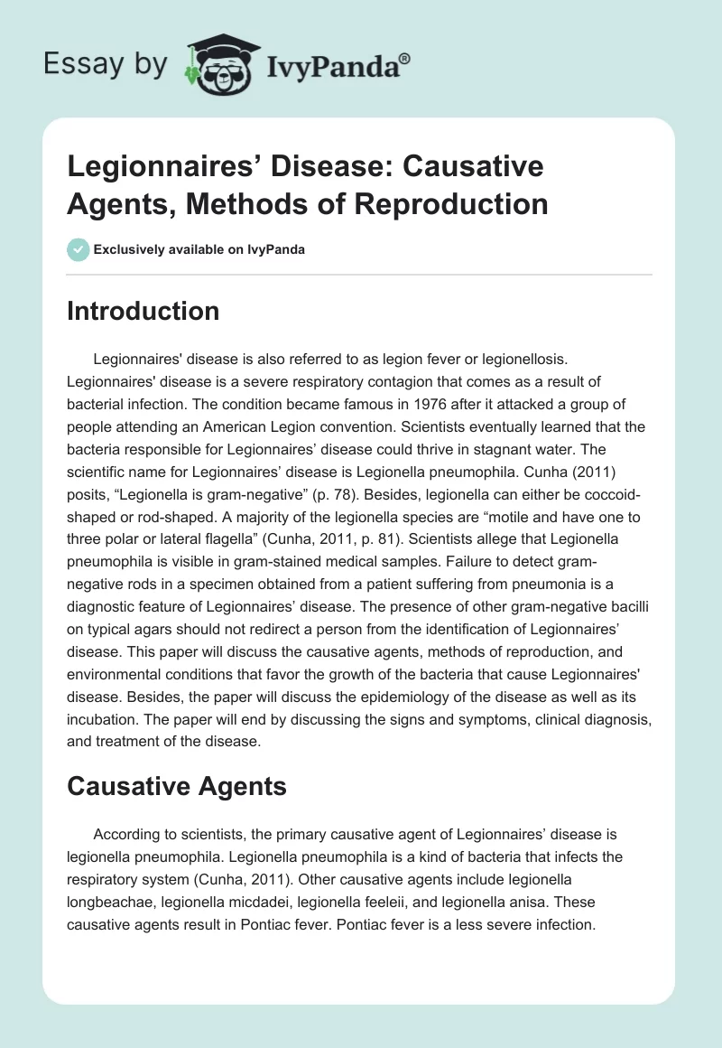 Legionnaires’ Disease: Causative Agents, Methods of Reproduction. Page 1