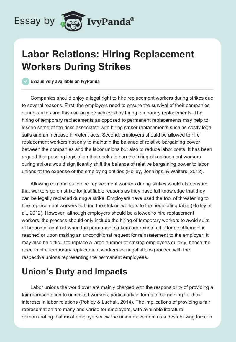 Labor Relations: Hiring Replacement Workers During Strikes. Page 1