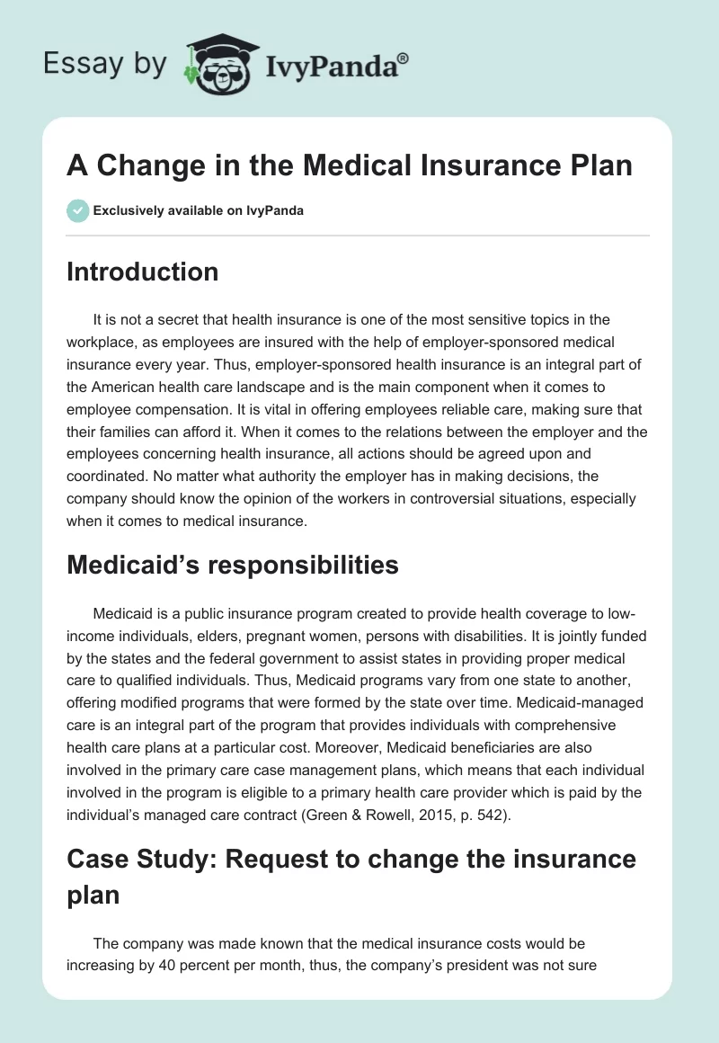 A Change in the Medical Insurance Plan. Page 1