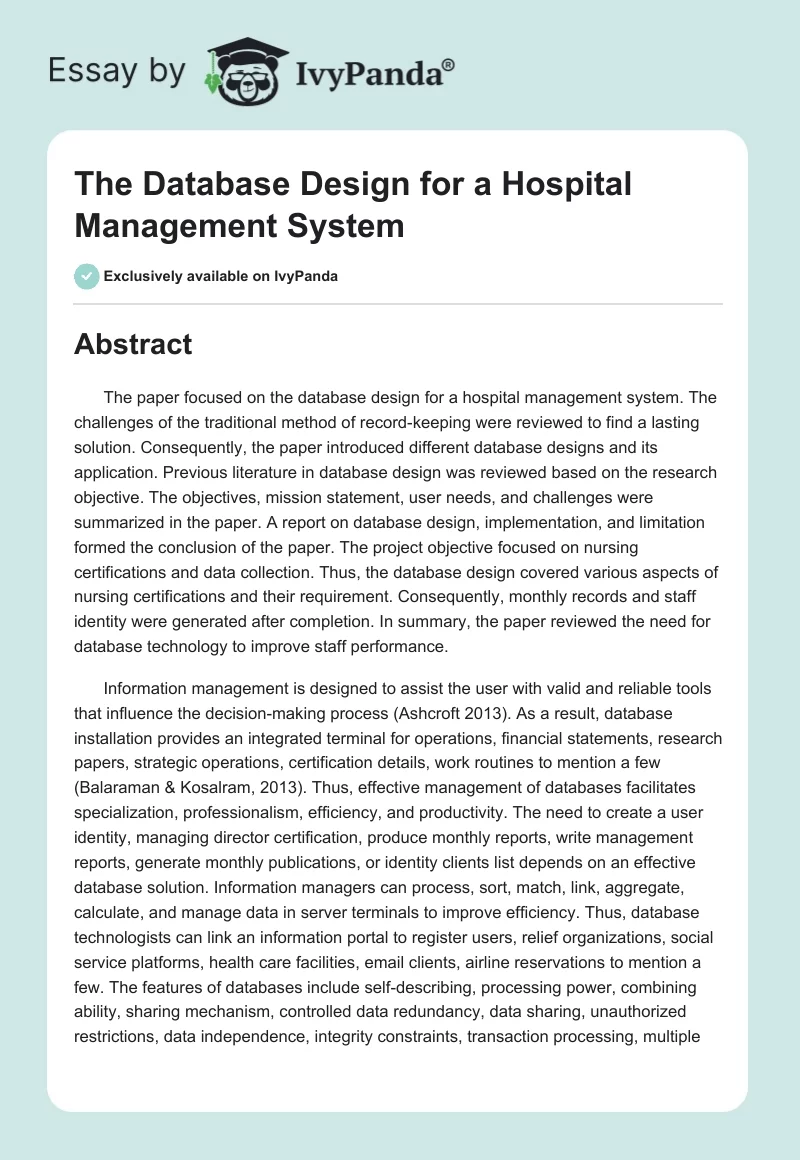 The Database Design for a Hospital Management System. Page 1