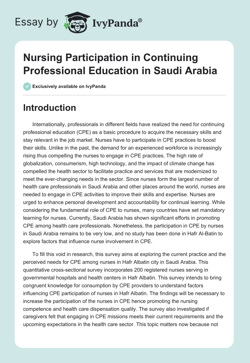 Nursing Participation in Continuing Professional Education in Saudi Arabia. Page 1