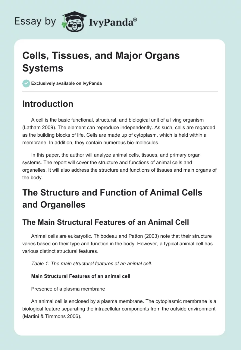 Cells, Tissues, and Major Organs Systems. Page 1