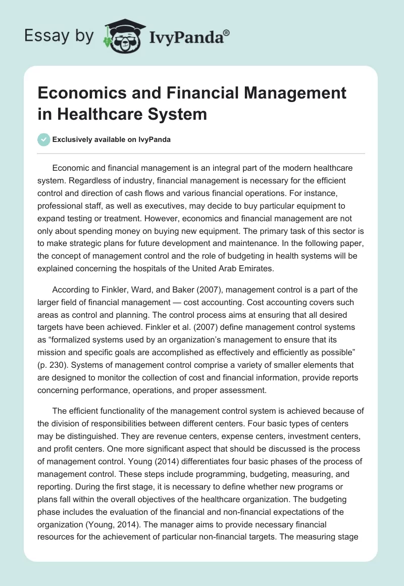 Economics and Financial Management in Healthcare System. Page 1