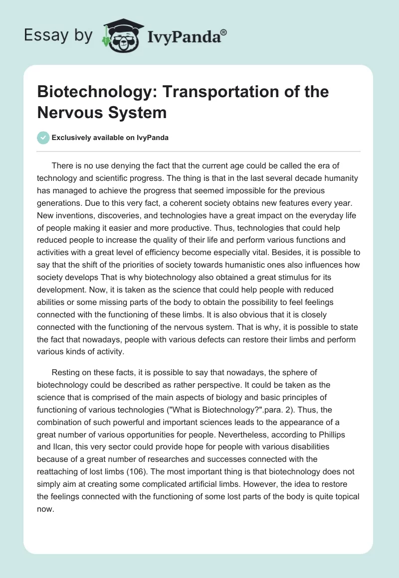 Biotechnology: Transportation of the Nervous System. Page 1