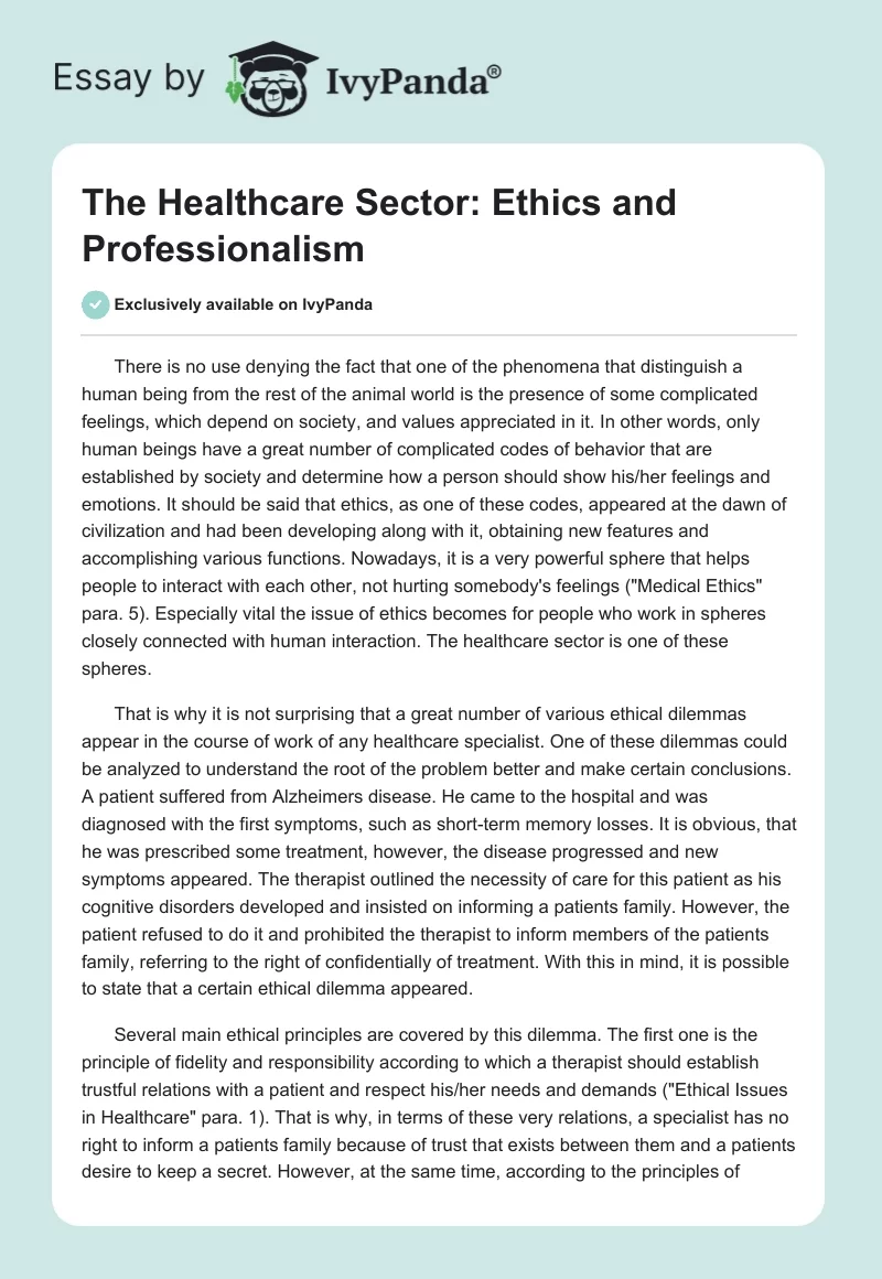 The Healthcare Sector: Ethics and Professionalism. Page 1