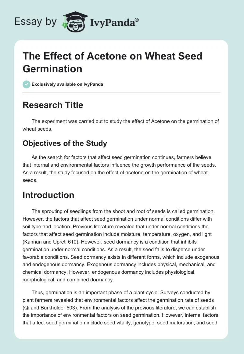 The Effect of Acetone on Wheat Seed Germination. Page 1