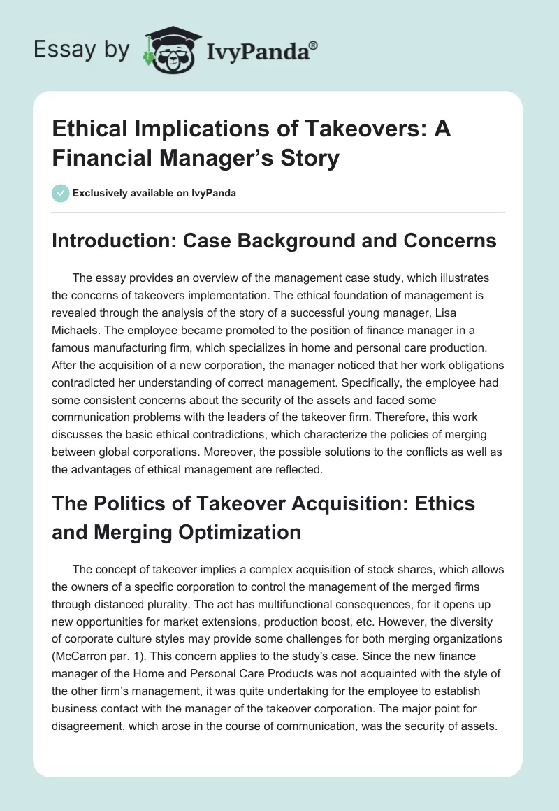 Ethical Implications of Takeovers: A Financial Manager’s Story. Page 1