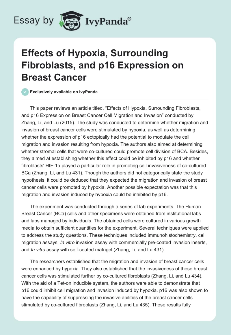 Effects of Hypoxia, Surrounding Fibroblasts, and p16 Expression on Breast Cancer. Page 1