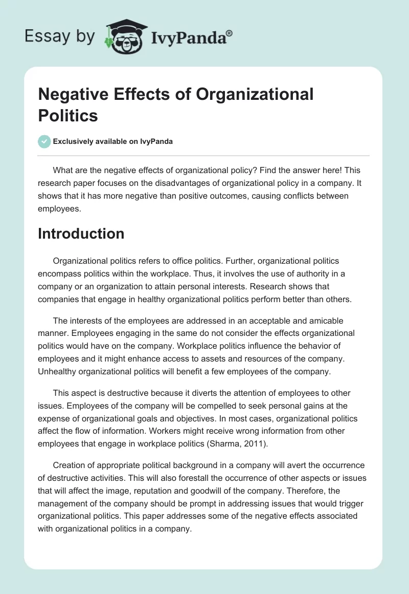 Negative Effects of Organizational Politics. Page 1