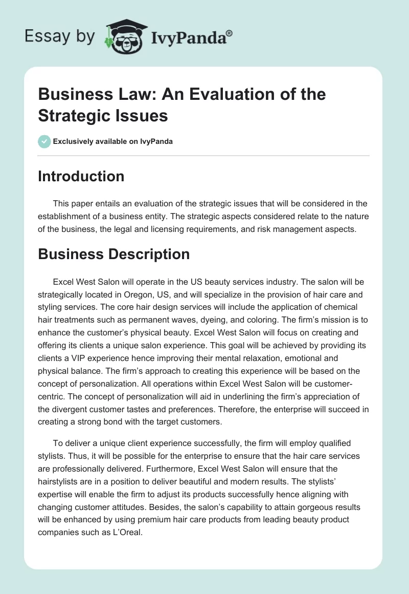 Business Law: An Evaluation of the Strategic Issues. Page 1
