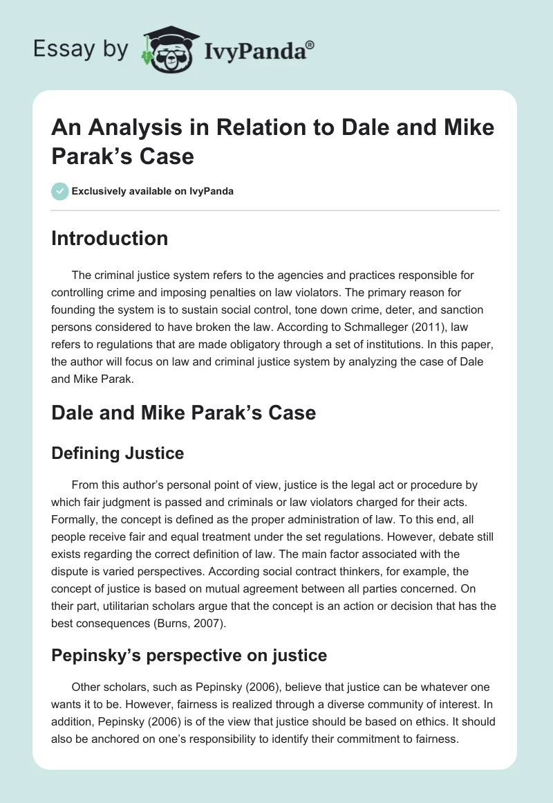An Analysis in Relation to Dale and Mike Parak’s Case. Page 1