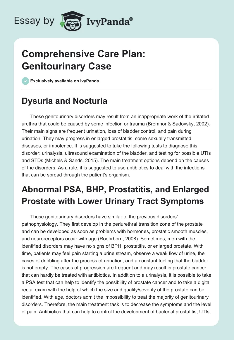 Comprehensive Care Plan: Genitourinary Case. Page 1