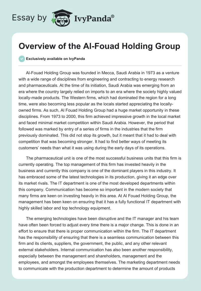 Overview of the Al-Fouad Holding Group. Page 1