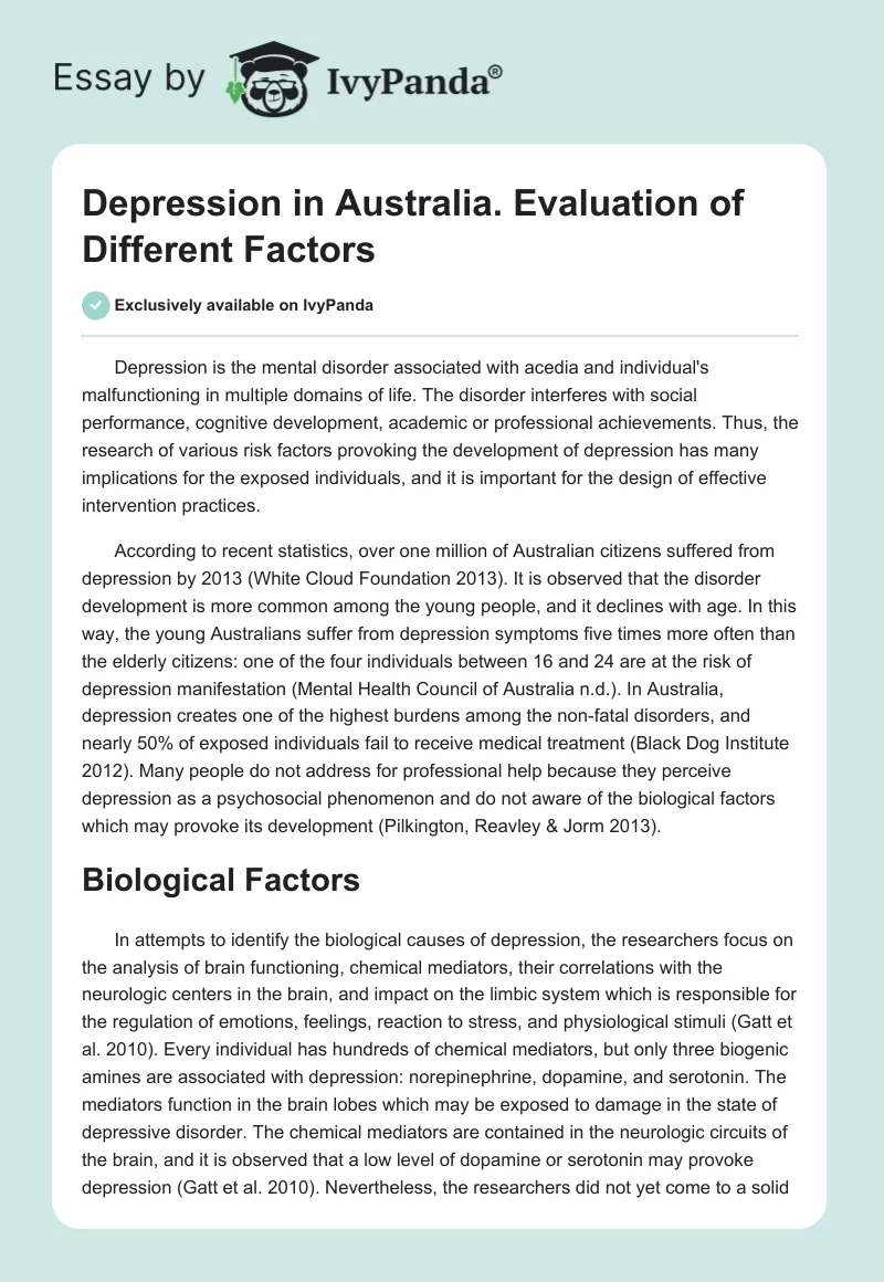 Depression in Australia. Evaluation of Different Factors. Page 1