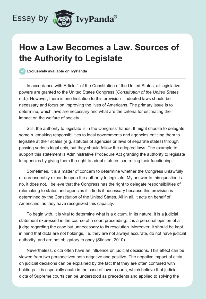 How a Law Becomes a Law. Sources of the Authority to Legislate. Page 1