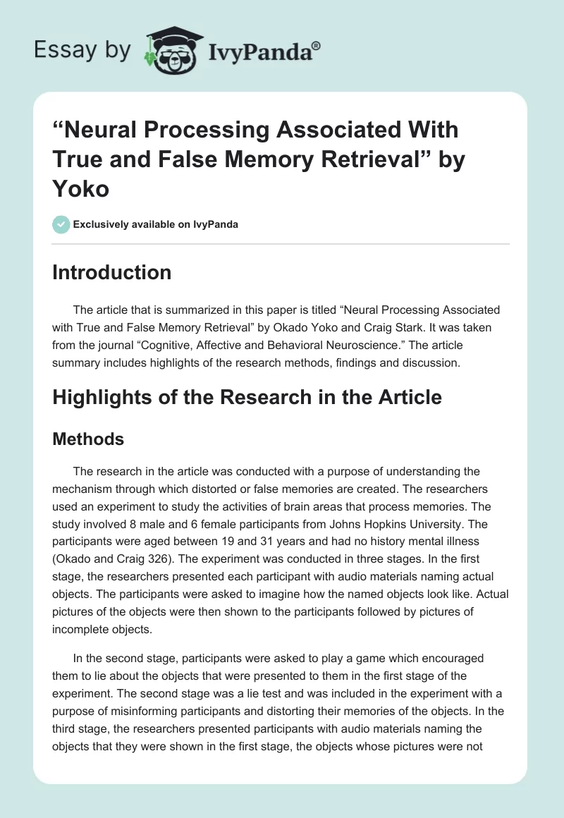 “Neural Processing Associated With True and False Memory Retrieval” by Yoko. Page 1