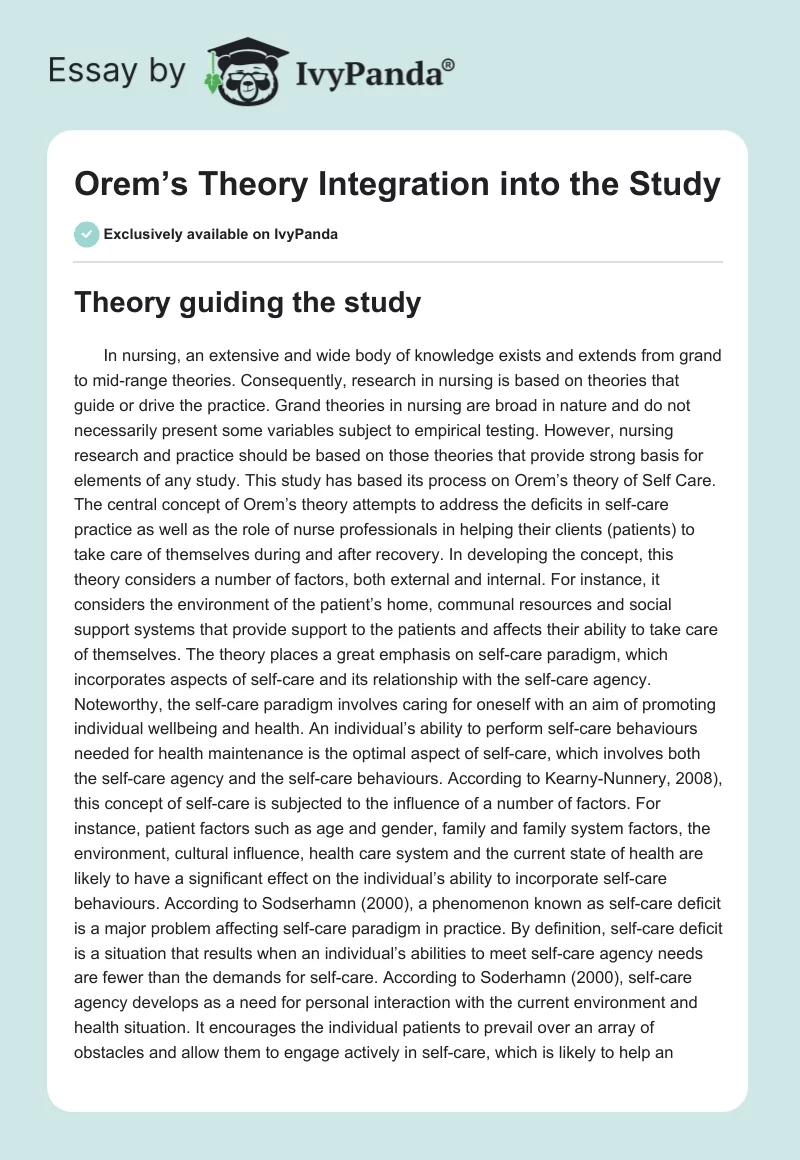 Orem’s Theory Integration into the Study. Page 1