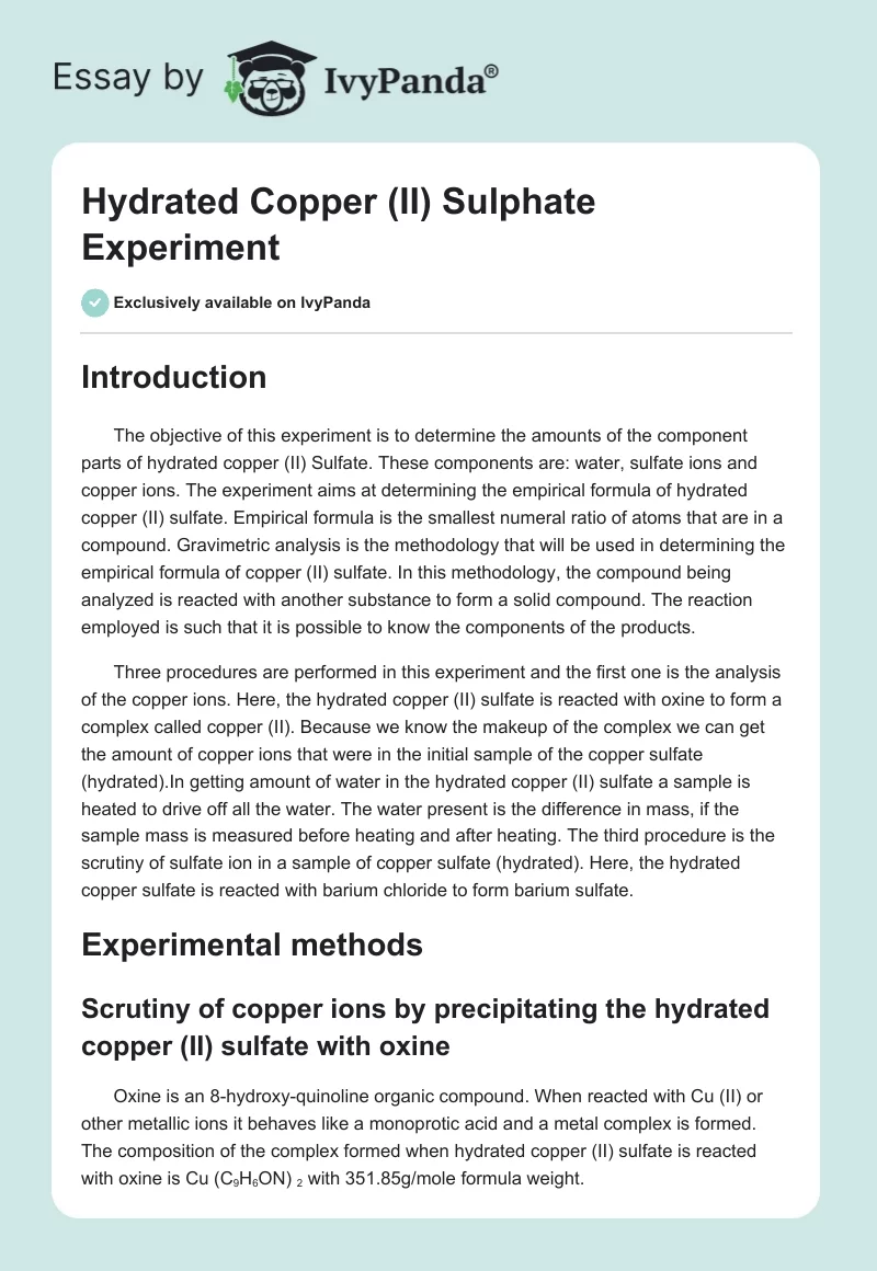 Hydrated Copper (II) Sulphate Experiment. Page 1