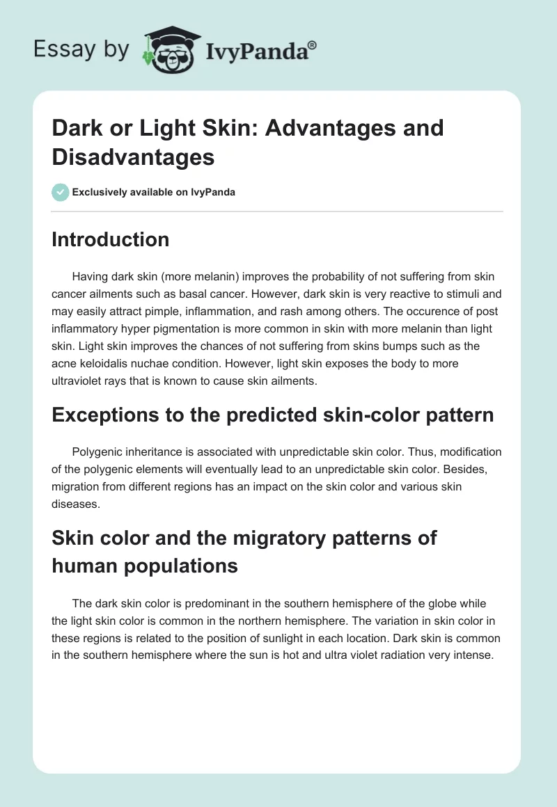 Dark or Light Skin: Advantages and Disadvantages. Page 1