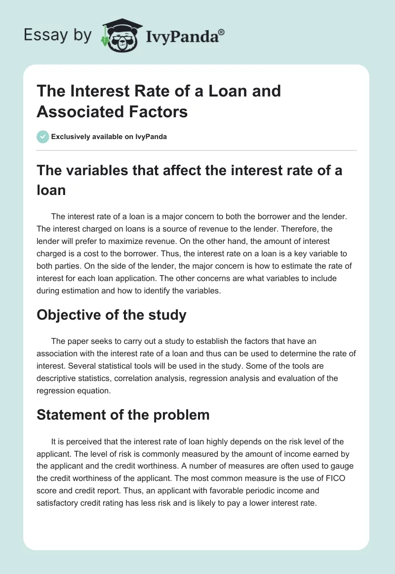 The Interest Rate of a Loan and Associated Factors. Page 1
