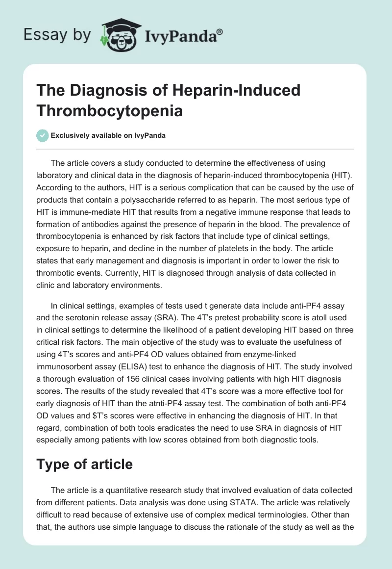 The Diagnosis of Heparin-Induced Thrombocytopenia. Page 1