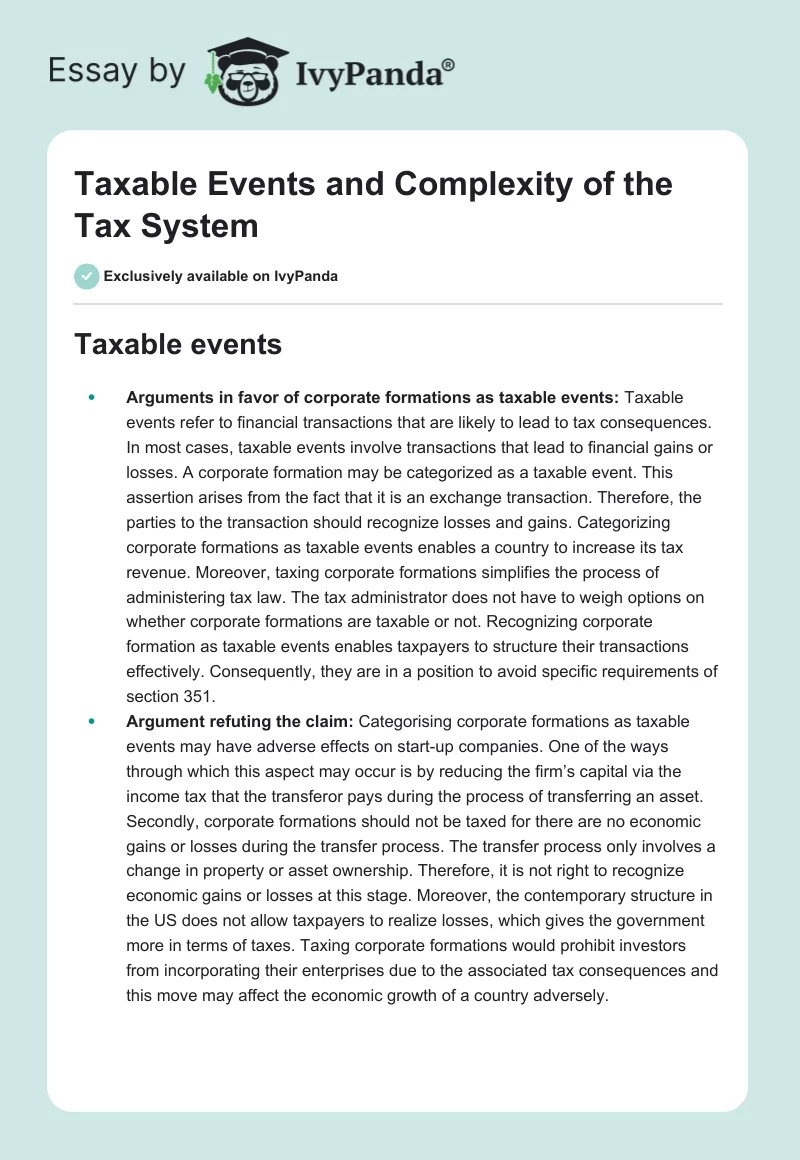 Taxable Events and Complexity of the Tax System. Page 1
