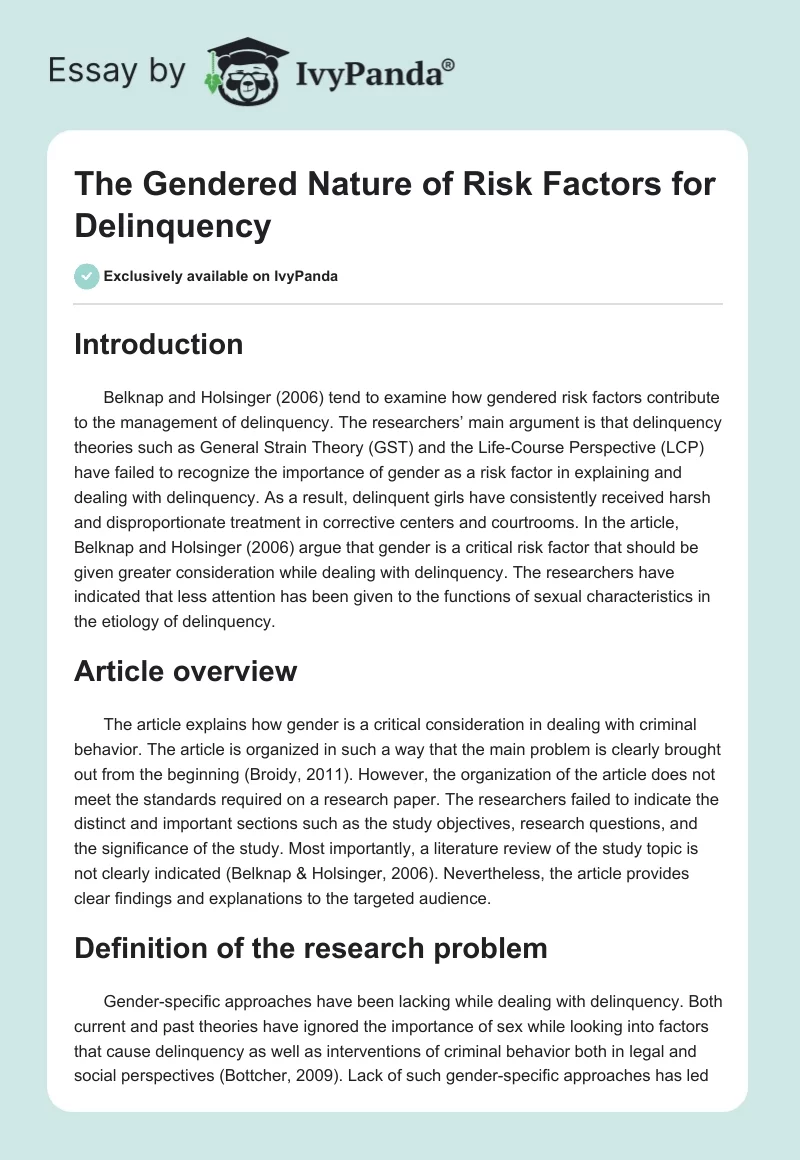 The Gendered Nature of Risk Factors for Delinquency. Page 1