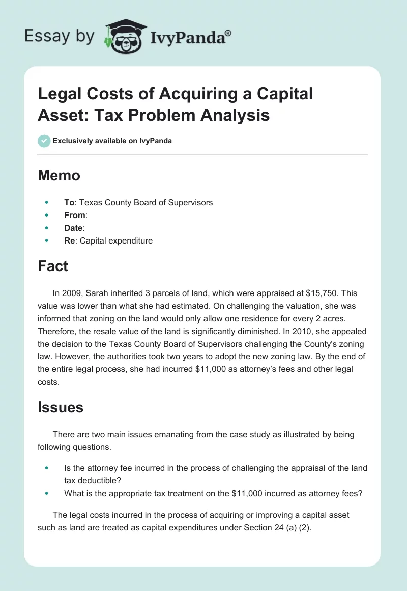 Legal Costs of Acquiring a Capital Asset: Tax Problem Analysis. Page 1