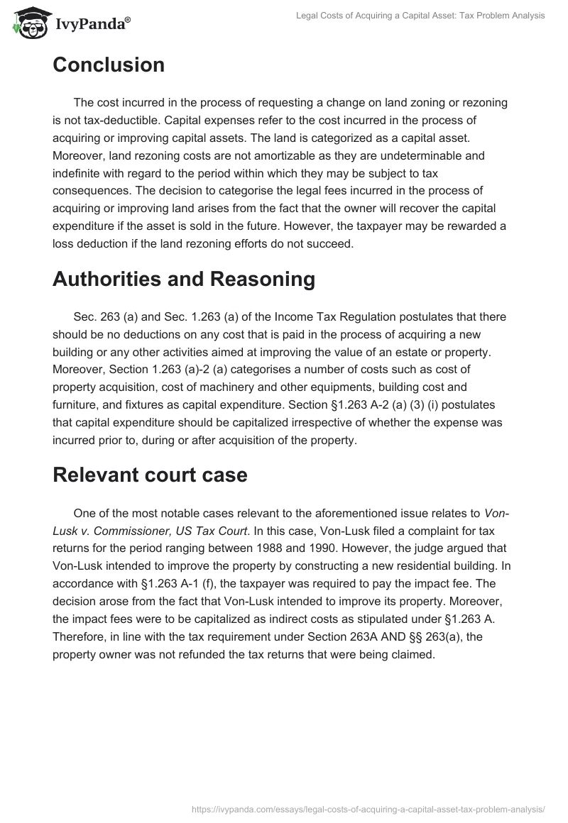 Legal Costs of Acquiring a Capital Asset: Tax Problem Analysis. Page 2