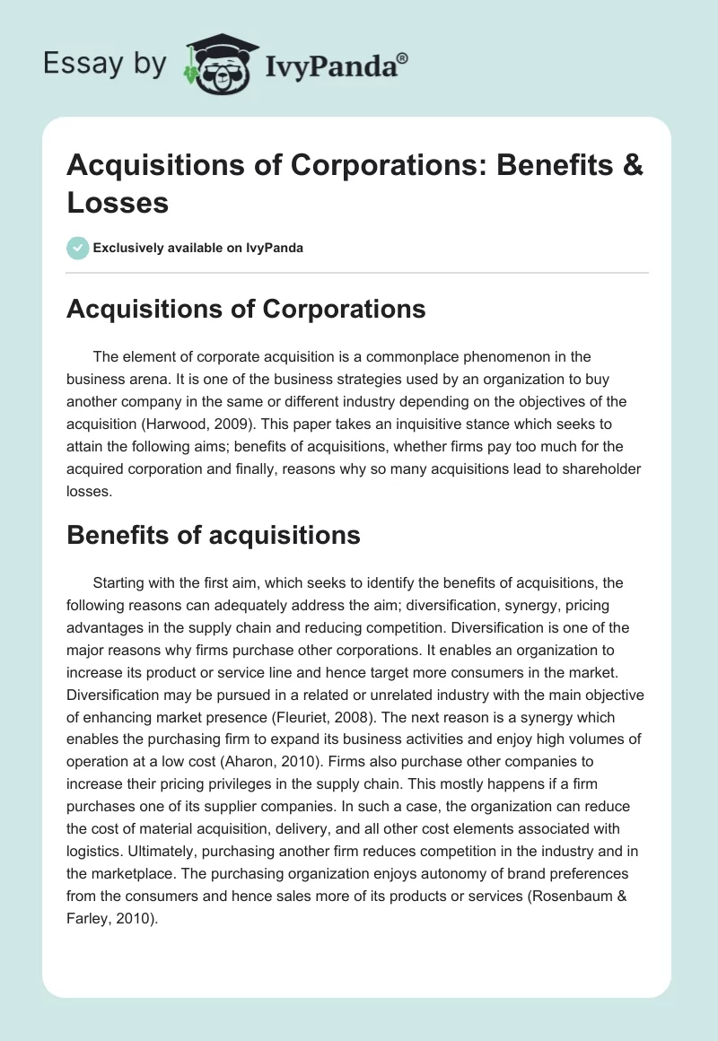 Acquisitions of Corporations: Benefits & Losses. Page 1
