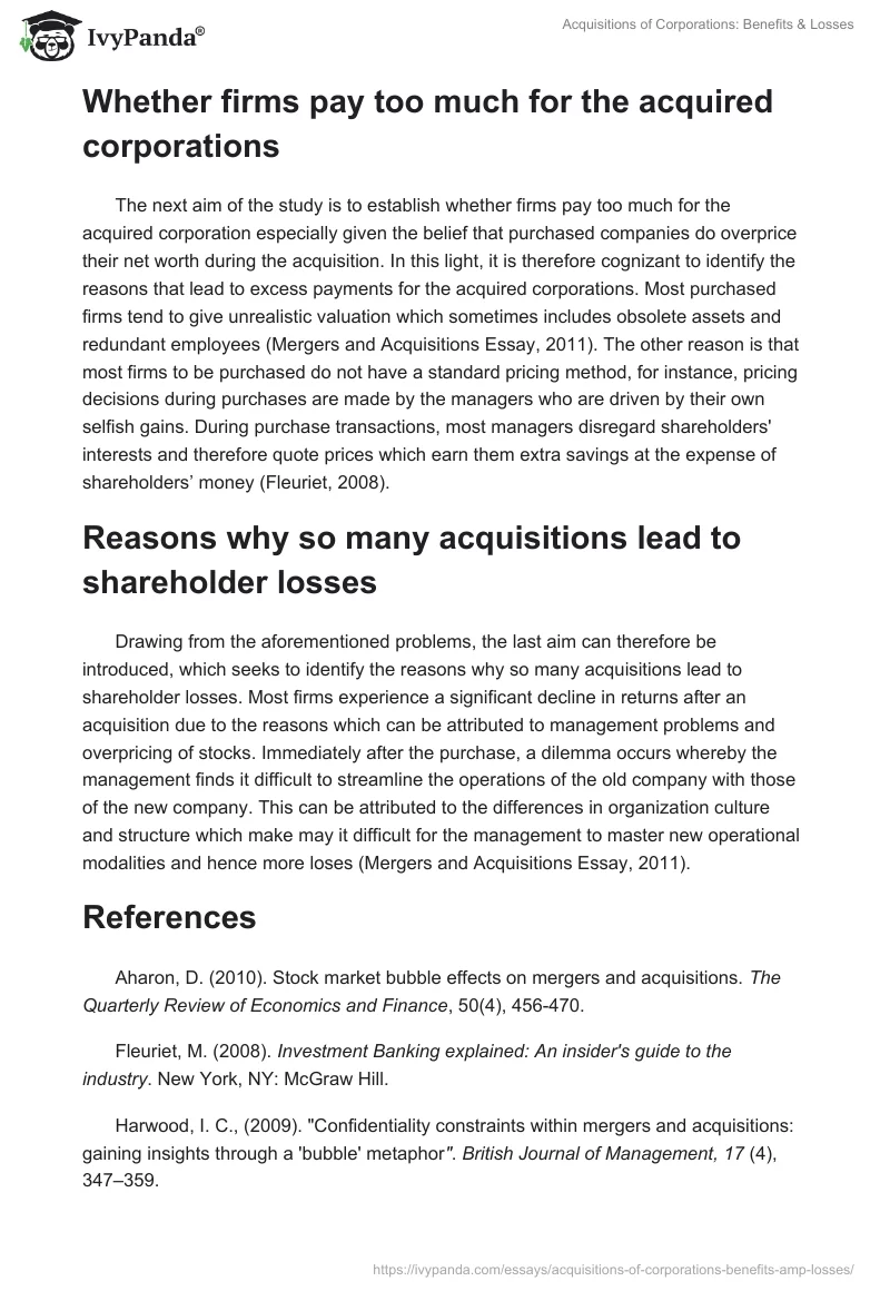 Acquisitions of Corporations: Benefits & Losses. Page 2