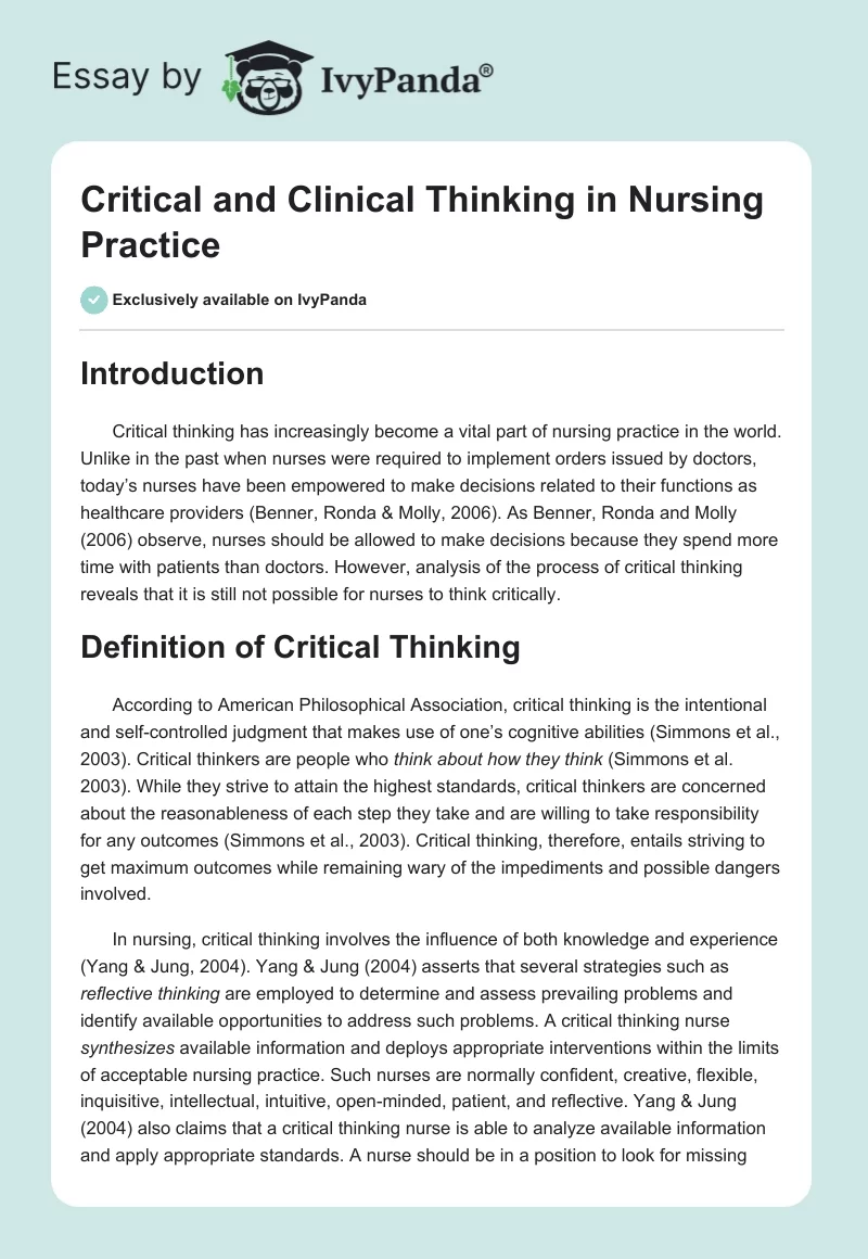 Critical and Clinical Thinking in Nursing Practice. Page 1