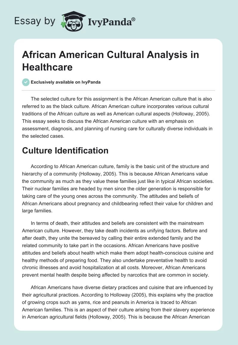 African American Cultural Analysis in Healthcare. Page 1