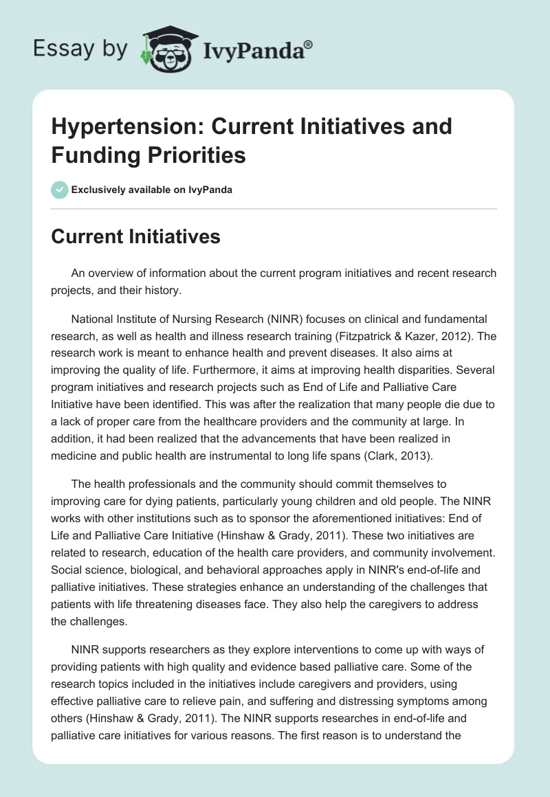 Hypertension: Current Initiatives and Funding Priorities. Page 1