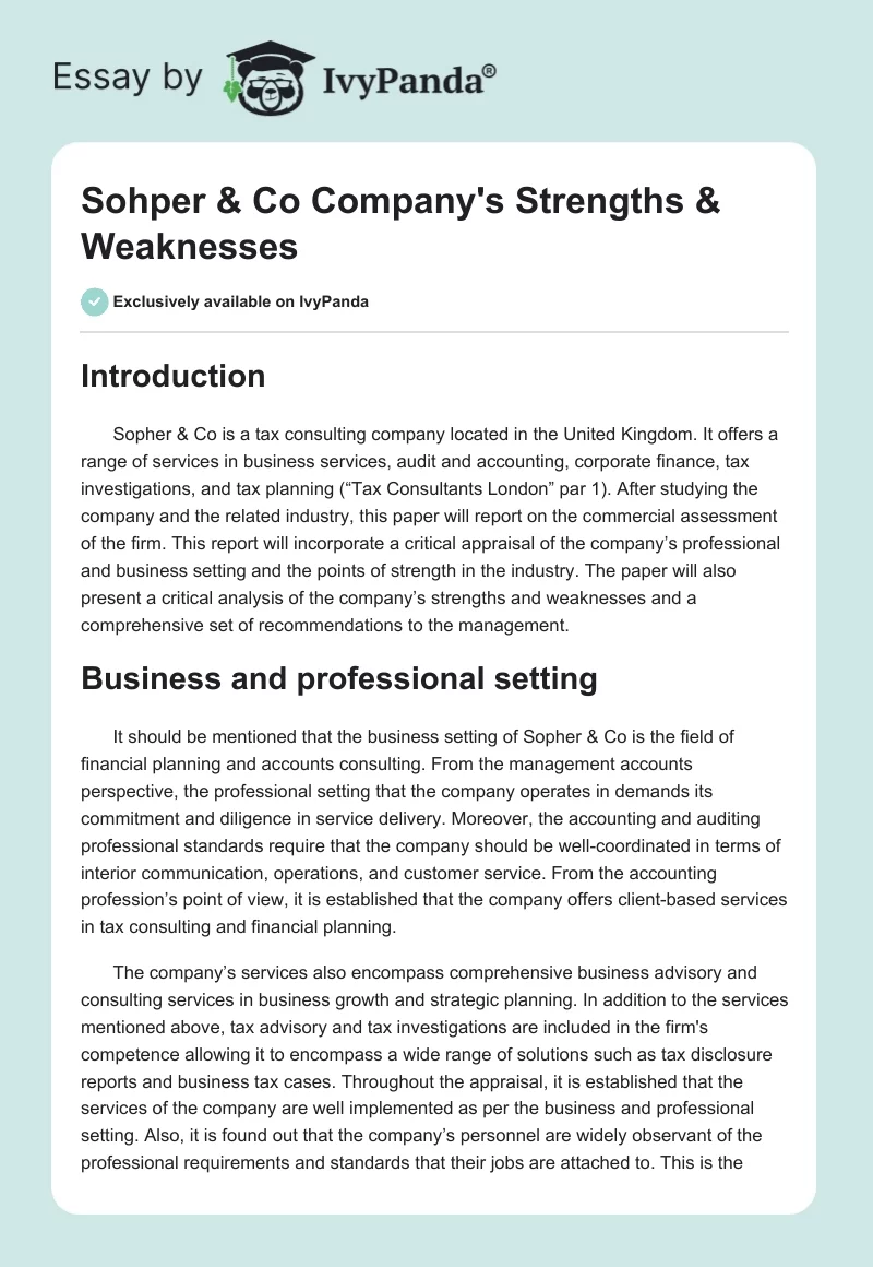 Sohper & Co Company's Strengths & Weaknesses. Page 1