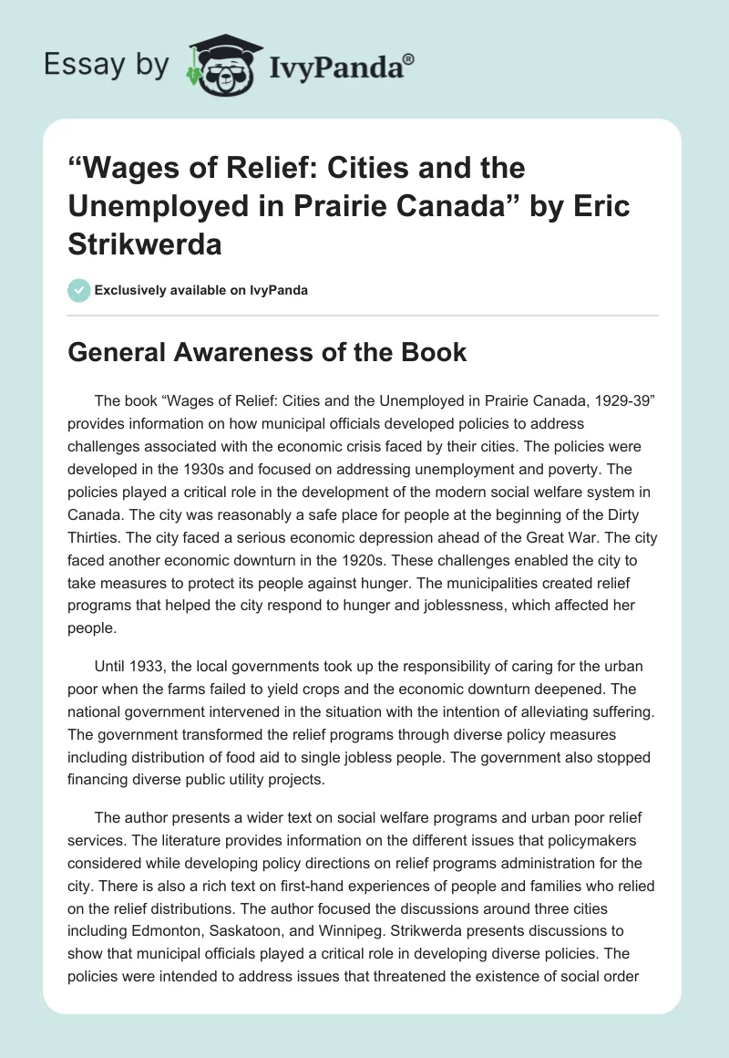 “Wages of Relief: Cities and the Unemployed in Prairie Canada” by Eric Strikwerda. Page 1