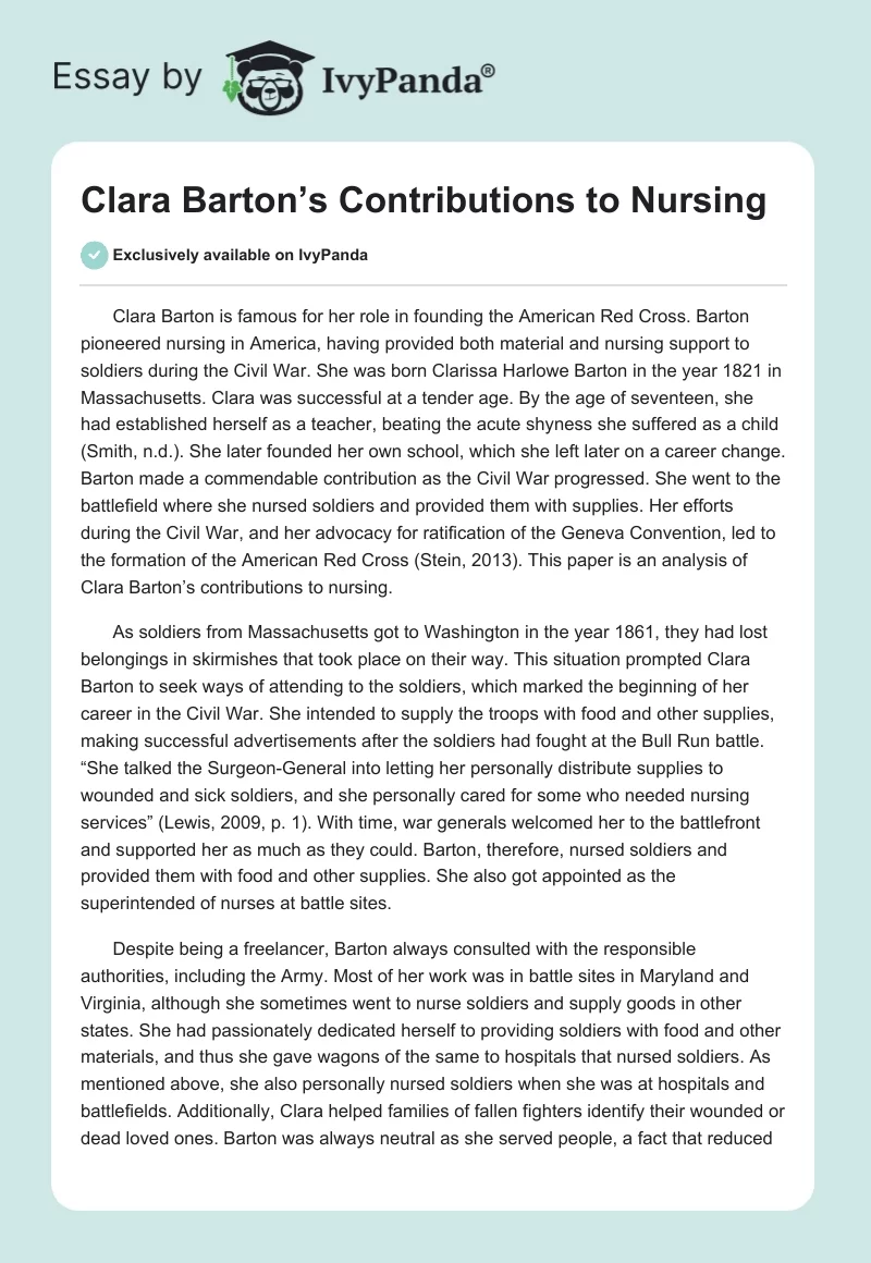 Clara Barton’s Contributions to Nursing. Page 1