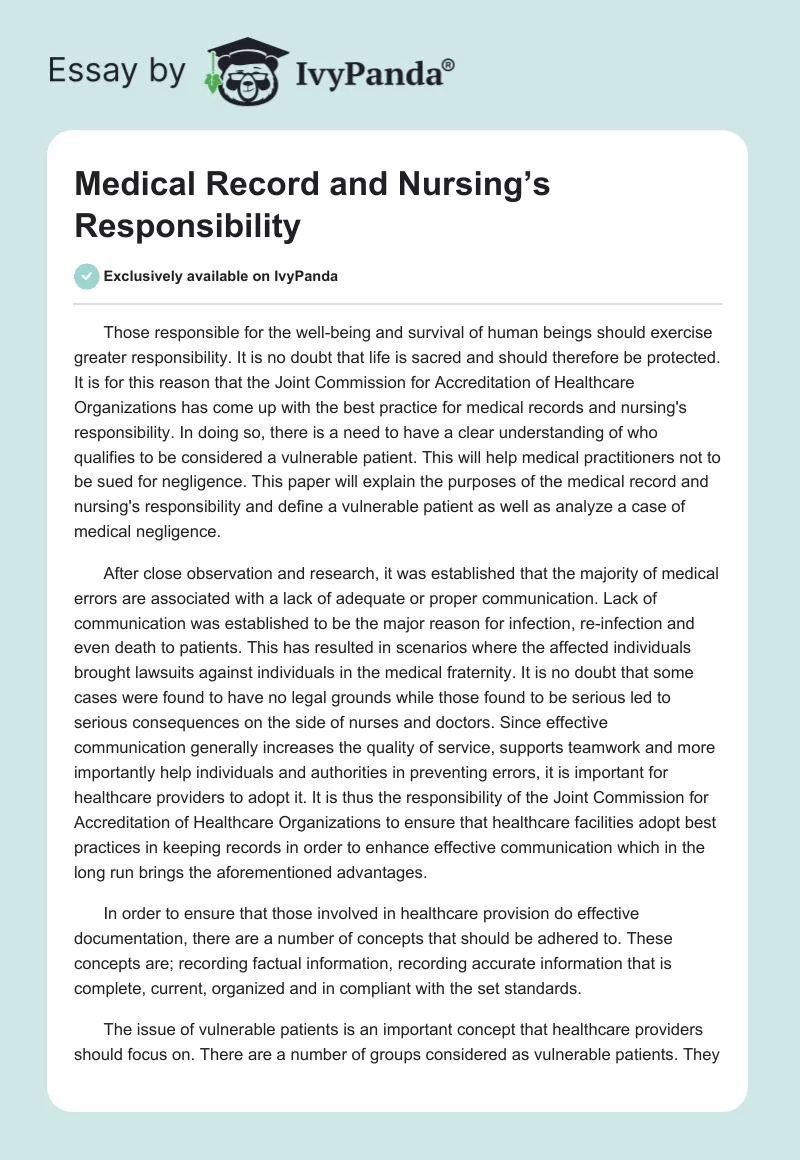 Medical Record and Nursing’s Responsibility. Page 1
