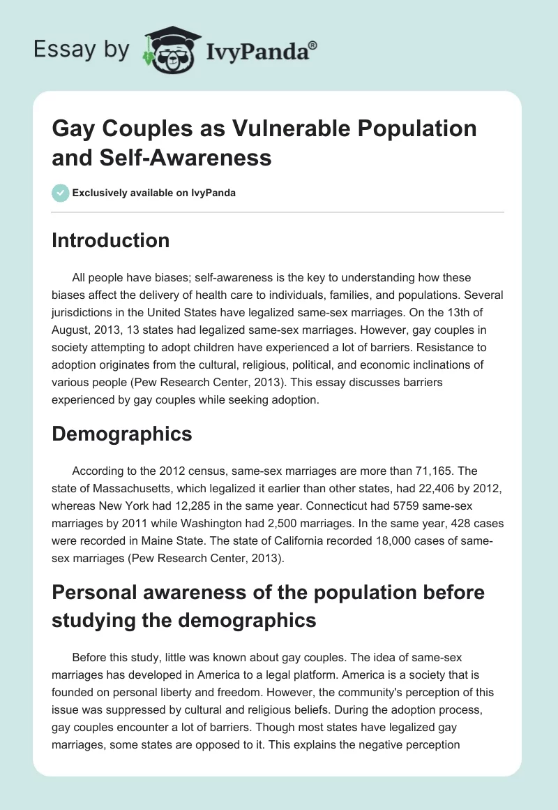 Gay Couples as Vulnerable Population and Self-Awareness. Page 1