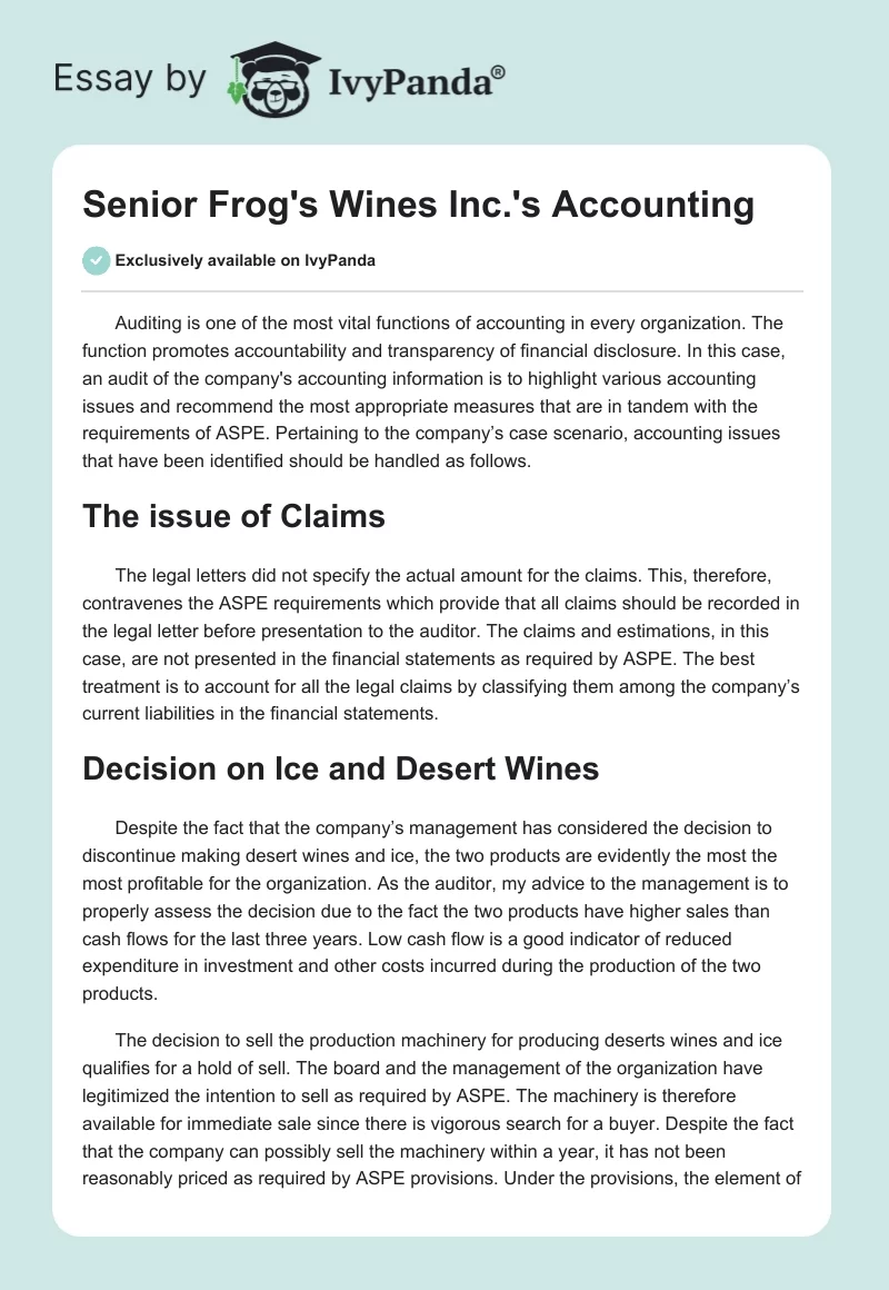 Senior Frog's Wines Inc.'s Accounting. Page 1