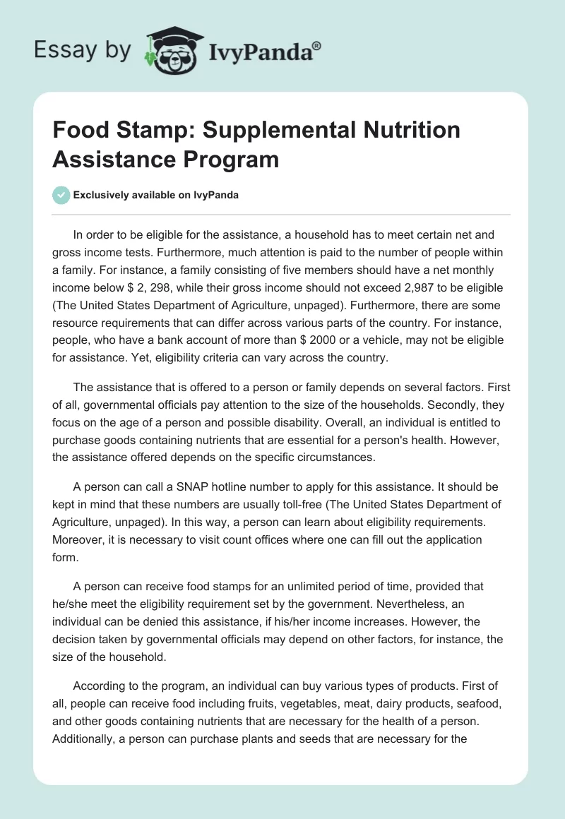 Food Stamp: Supplemental Nutrition Assistance Program. Page 1
