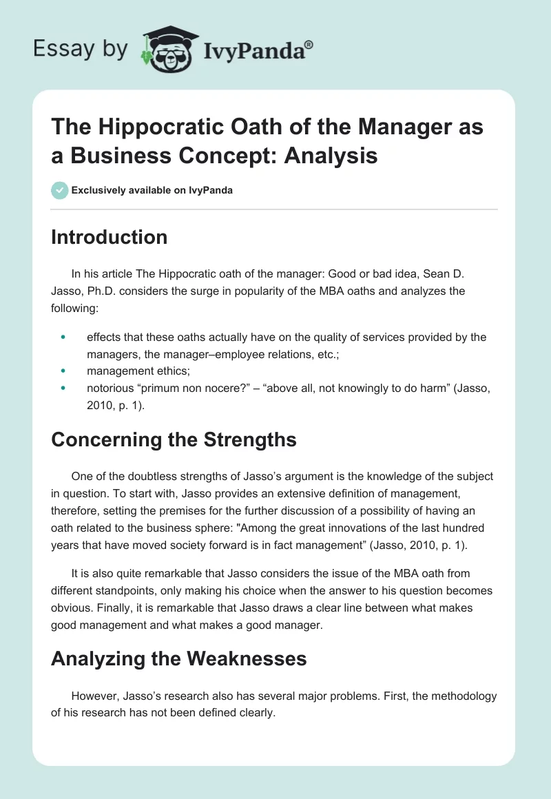 The Hippocratic Oath of the Manager as a Business Concept: Analysis. Page 1