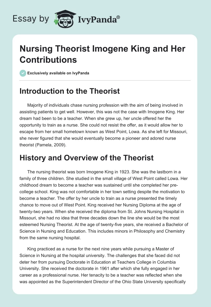 Nursing Theorist Imogene King and Her Contributions. Page 1