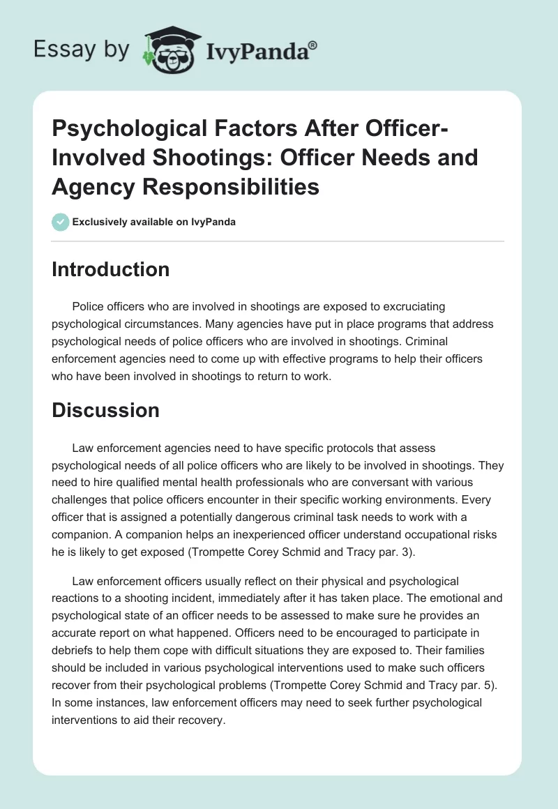 Psychological Factors After Officer-Involved Shootings: Officer Needs and Agency Responsibilities. Page 1