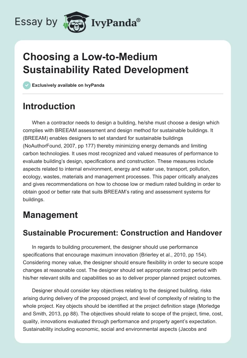 Choosing a Low-to-Medium Sustainability Rated Development. Page 1