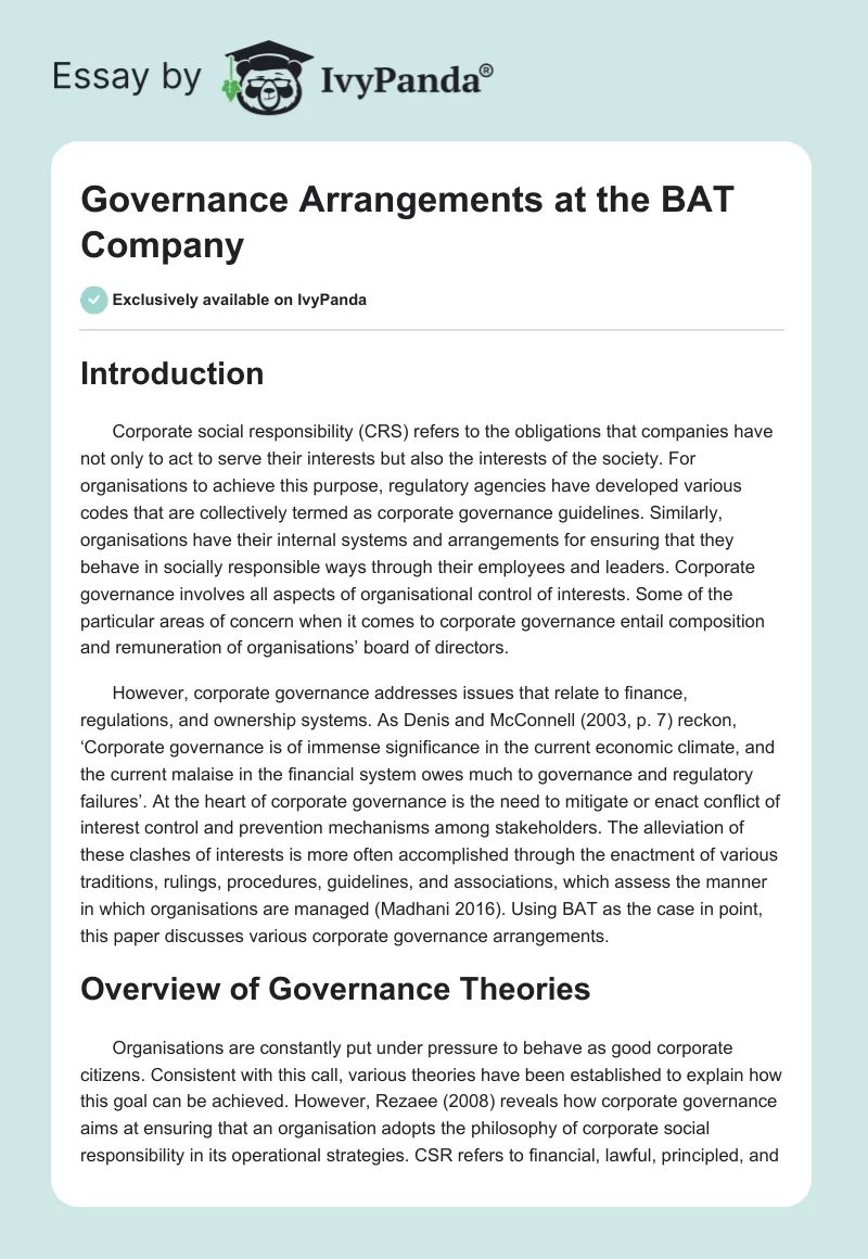Governance Arrangements at the BAT Company. Page 1