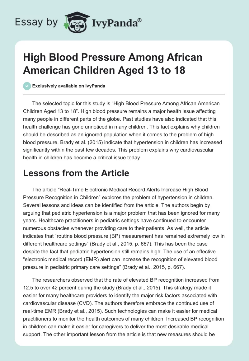 High Blood Pressure Among African American Children Aged 13 to 18. Page 1