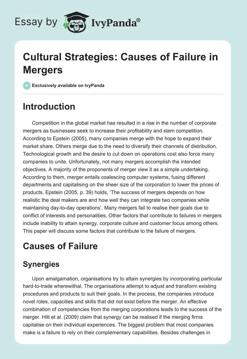 Cultural Strategies: Causes of Failure in Mergers. Page 1